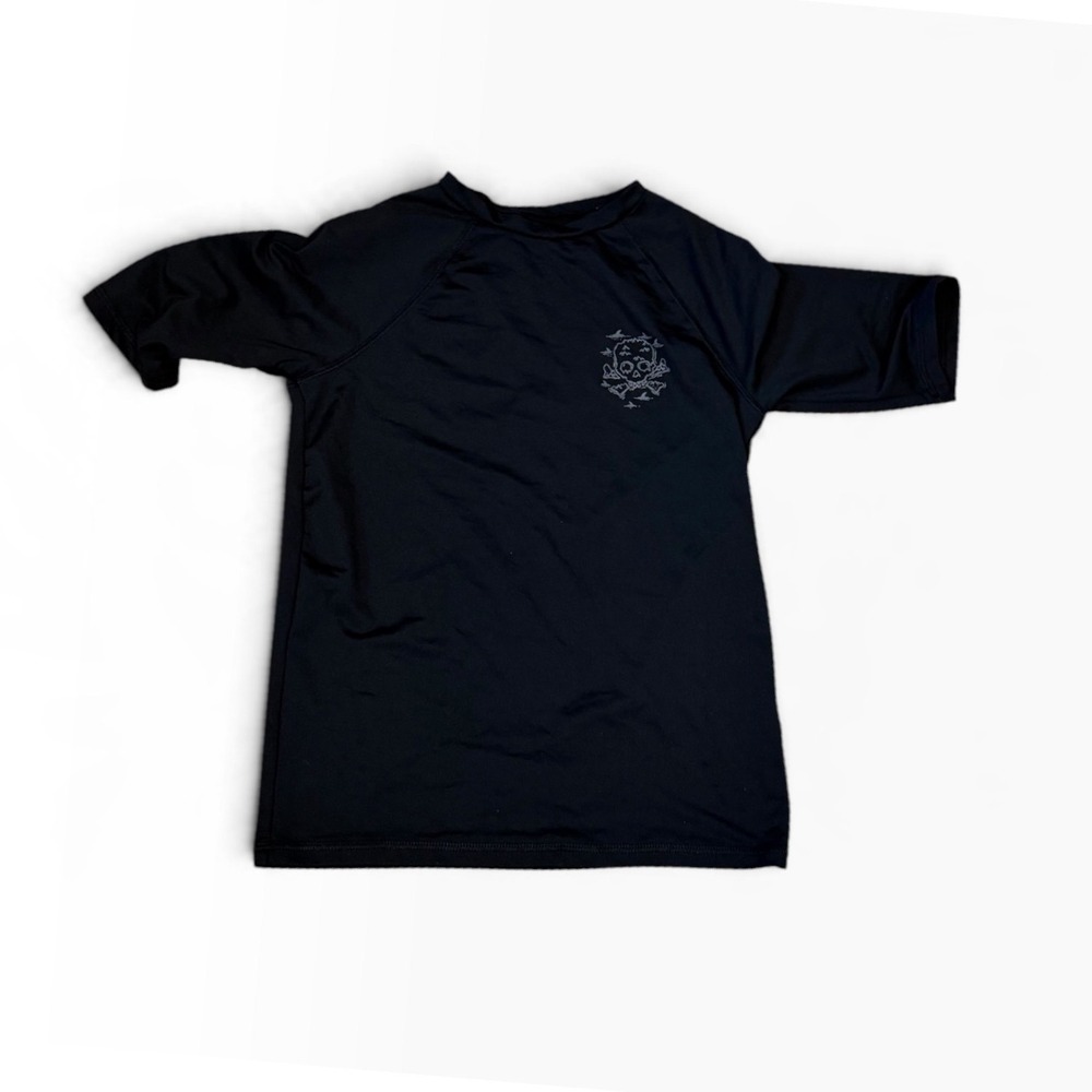 Art Class Boys Black Skull Rash Guard Swim Shirt Size L 12/14 Short Sleeve - Picture 1 of 4